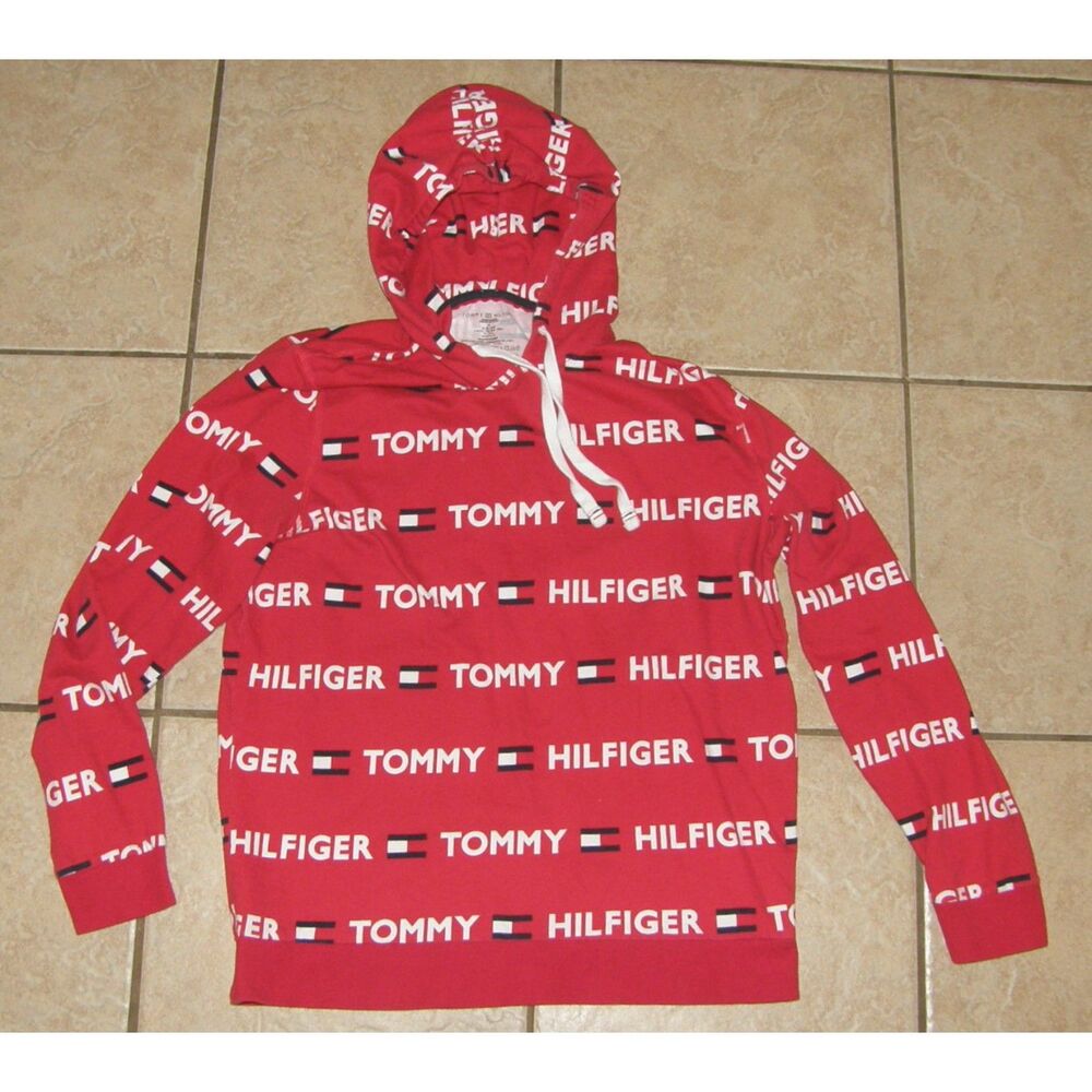 TOMMY HILFIGER Red Sz Medium Casual Wear All Over Logo Soft Cotton Hooded Shirt